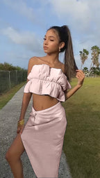 Two piece frill top and maxi slit skirt XD21
