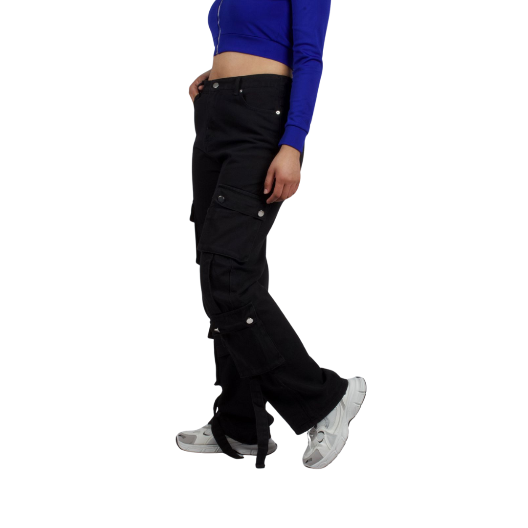 Stylish Black Cargo Wide-Leg Jeans - XD119