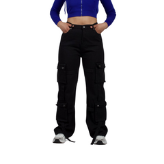 Stylish Black Cargo Wide-Leg Jeans - XD119