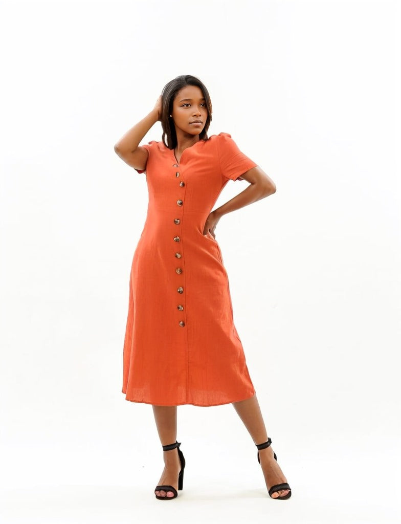 V Neck Button Down Midi Dress XD21