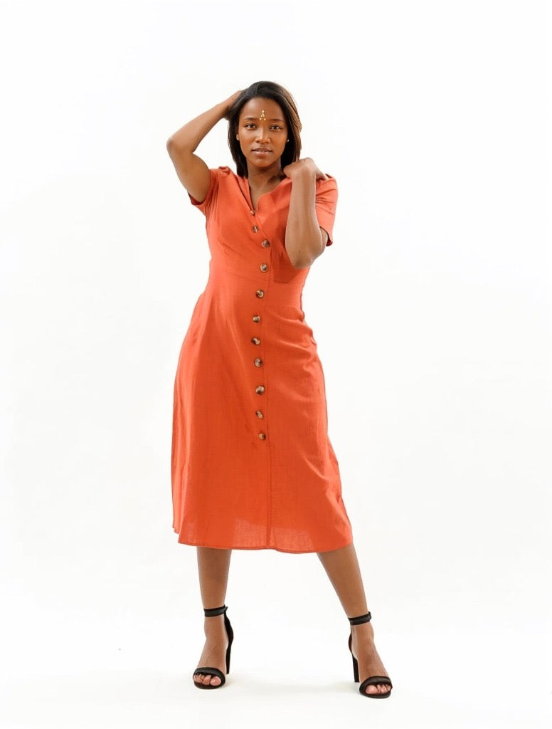 V Neck Button Down Midi Dress XD21