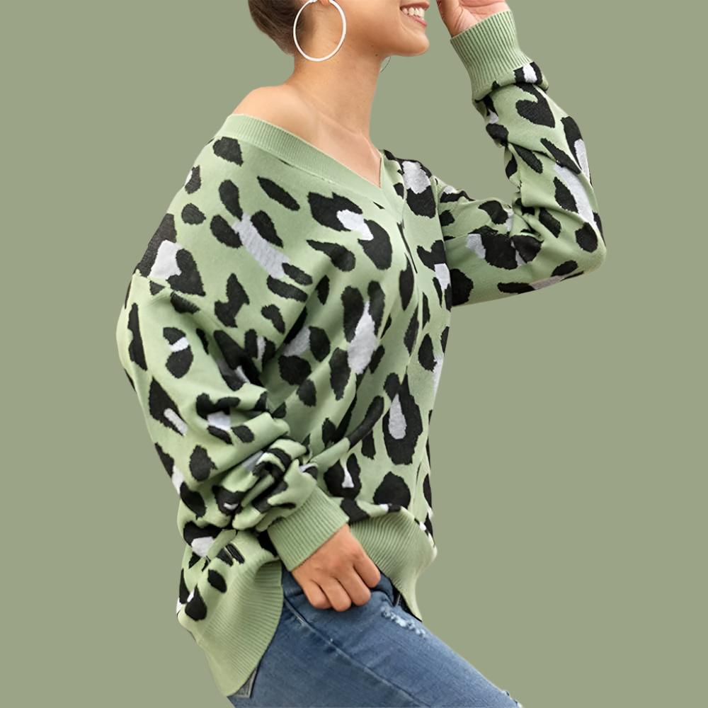 V Neck Leopard Print Knitted Pullover Jumper Jersey XD21