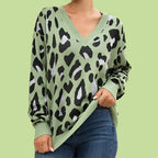 V Neck Leopard Print Knitted Pullover Jumper Jersey XD21