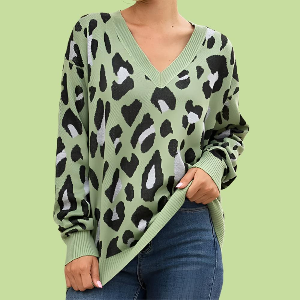 V Neck Leopard Print Knitted Pullover Jumper Jersey XD21