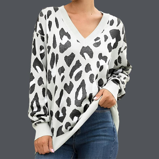 V Neck Leopard Print Knitted Pullover Jumper Jersey XD21
