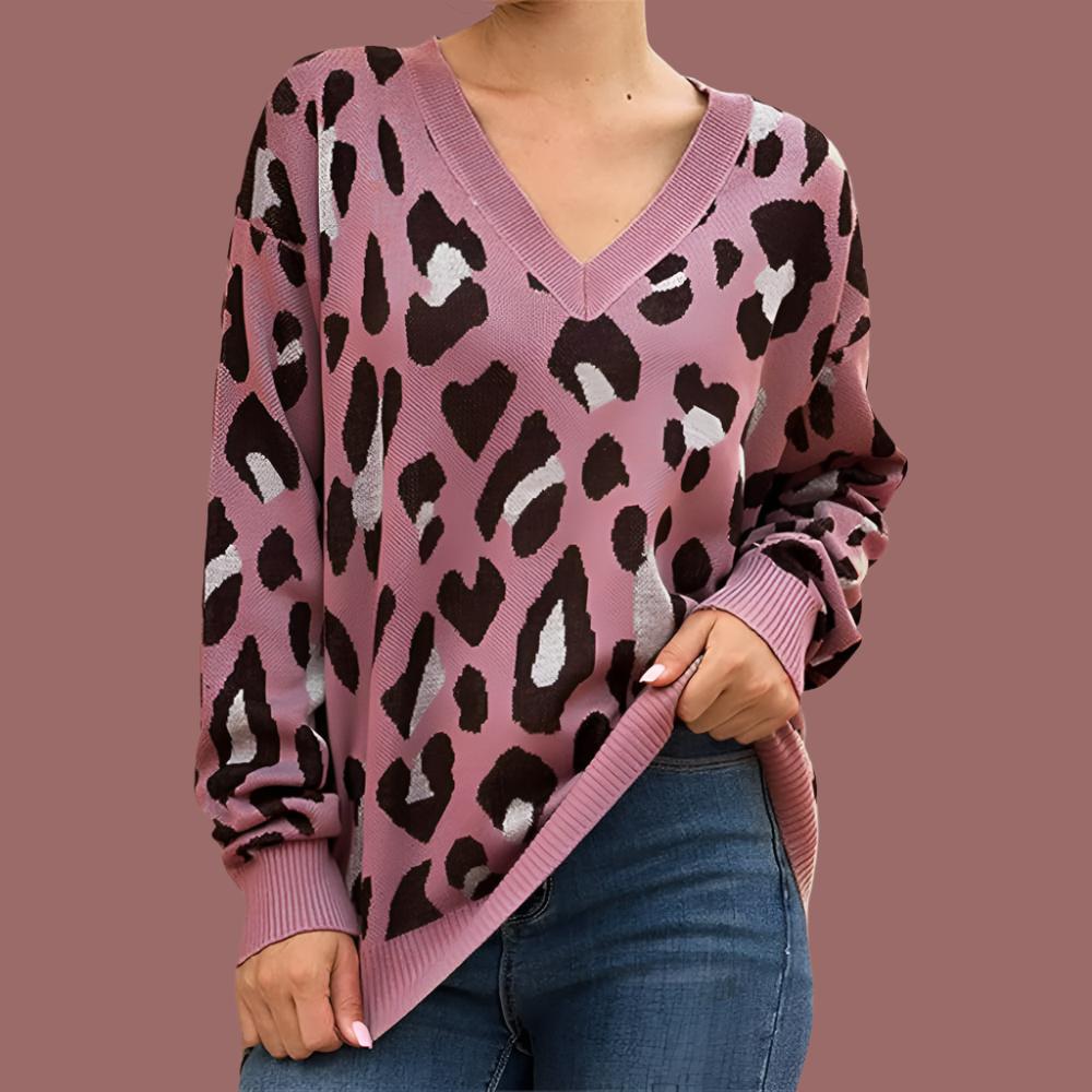 V Neck Leopard Print Knitted Pullover Jumper Jersey XD21
