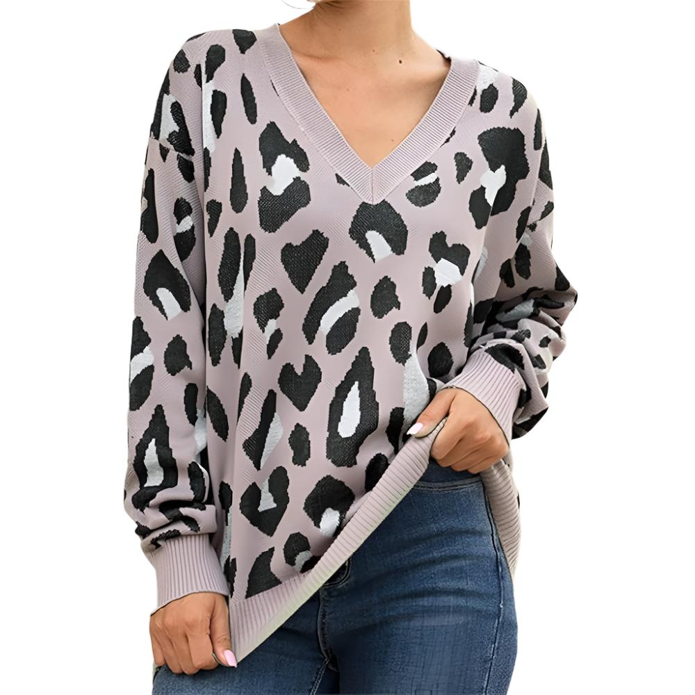 V Neck Leopard Print Knitted Pullover Jumper Jersey XD21