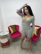 V Neck Long Sleeve Top And Slit Lace Up Shorts set XD21