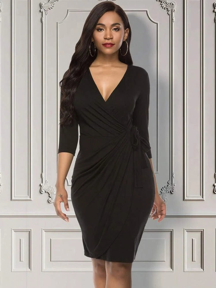 V Neck Ruched Midi Bodycon Dress XD21