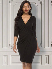 V Neck Ruched Midi Bodycon Dress XD21