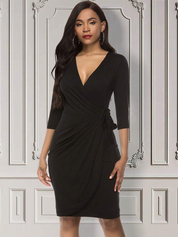 V Neck Ruched Midi Bodycon Dress