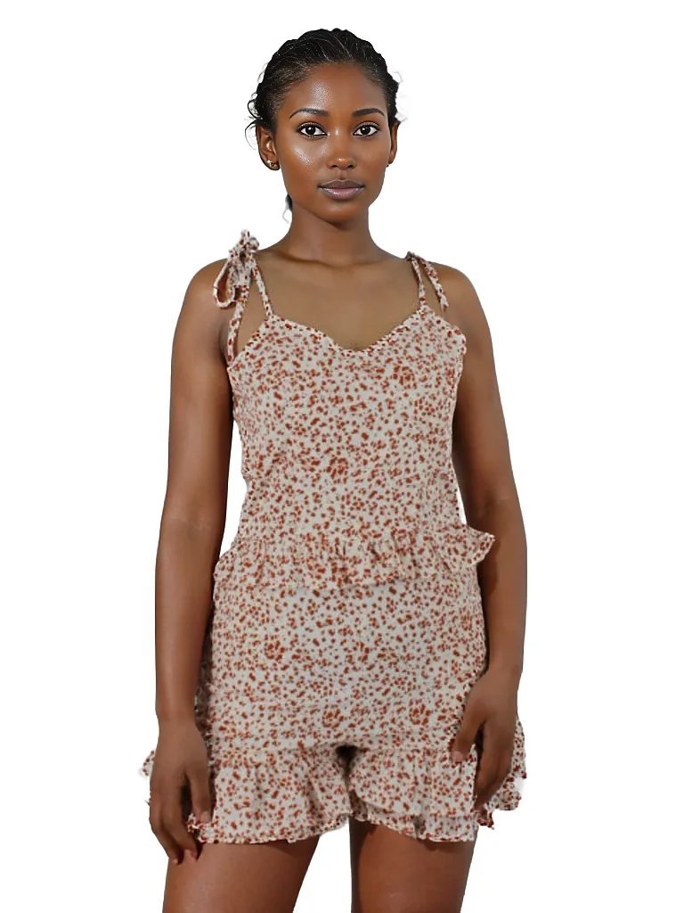 V Neck Shoulder Tie Up Frilled Shorts Jumpsuit XD21