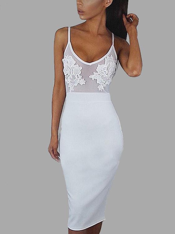 V Neck Sleeveless Lace Midi Bodycon Dress XD21