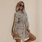 V-neck High Waist Lace-up Floral Dress XD21