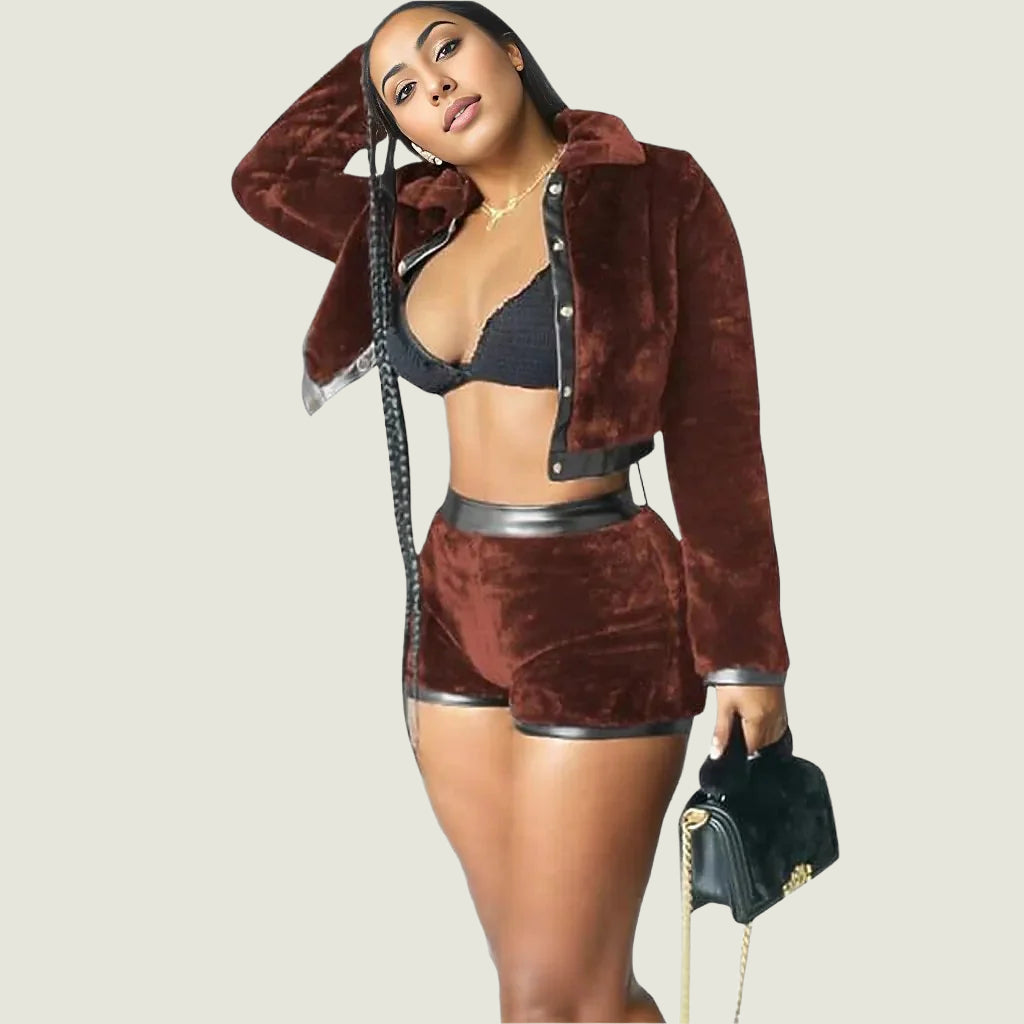 Velvet Leather Two Piece Shorts Jacket Set XD21