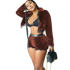 Velvet Leather Two Piece Shorts Jacket Set XD21