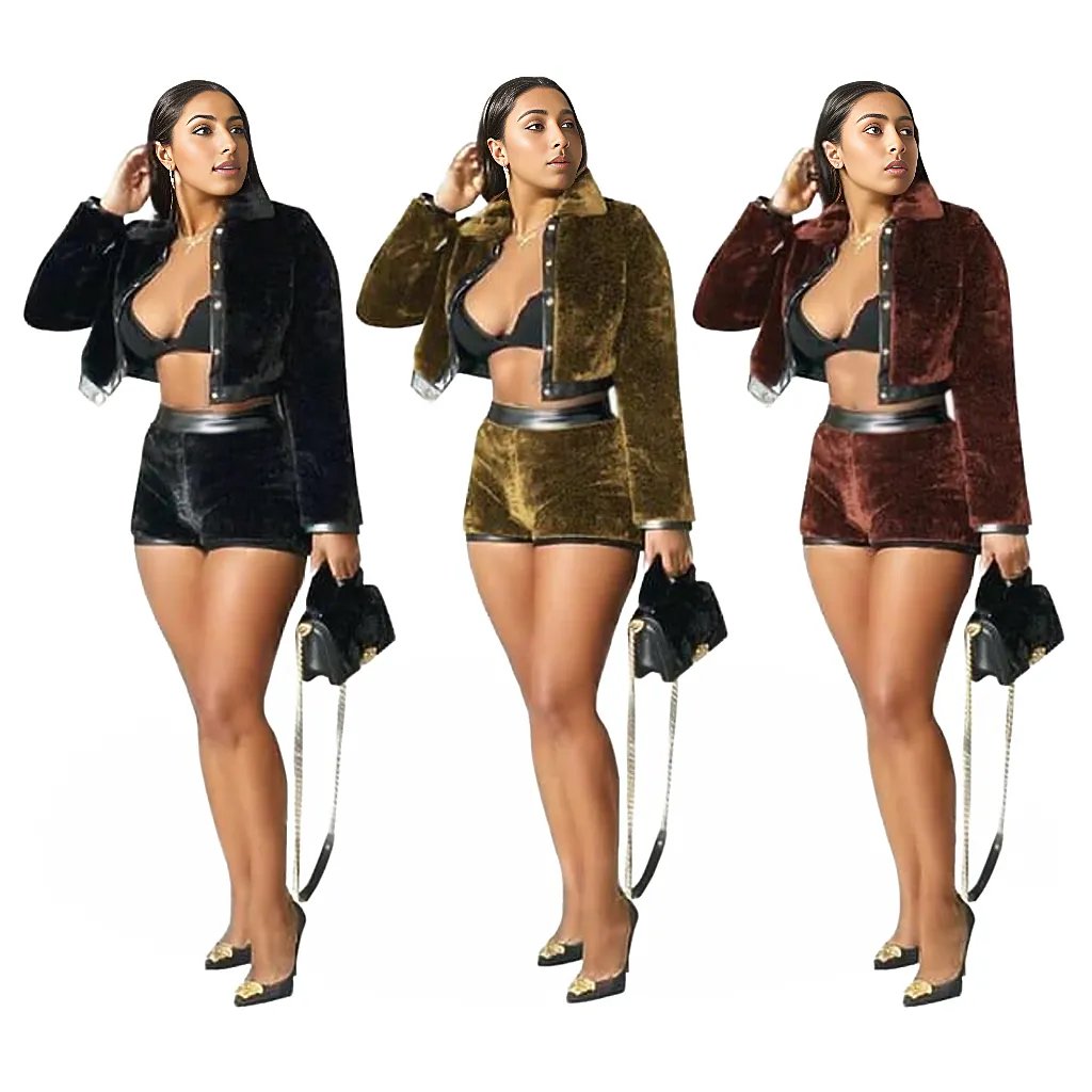 Velvet Leather Two Piece Shorts Jacket Set XD21