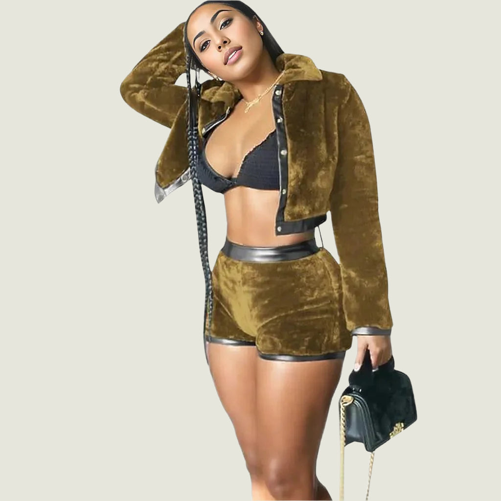 Velvet Leather Two Piece Shorts Jacket Set XD21