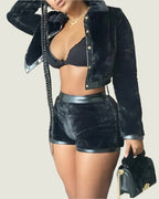 Velvet Leather Two Piece Shorts Jacket Set XD21