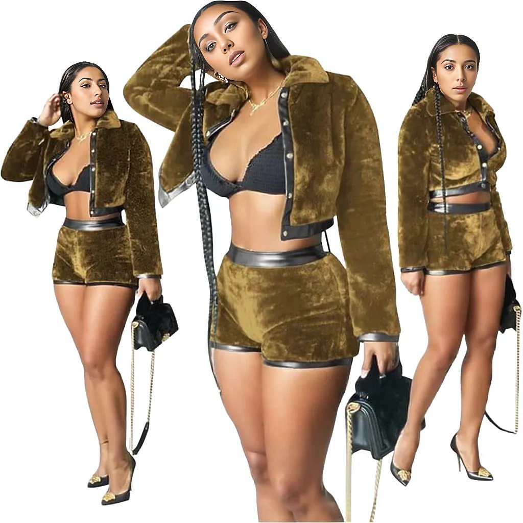 Velvet Leather Two Piece Shorts Jacket Set XD21