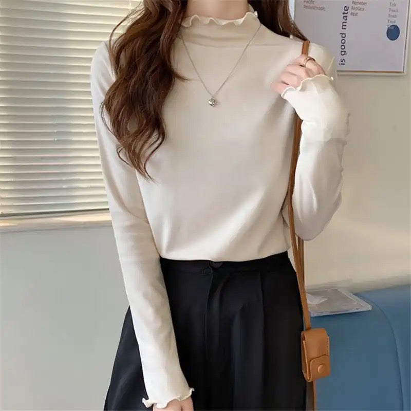 Velvet Like Turtle neck Frill Top XD21