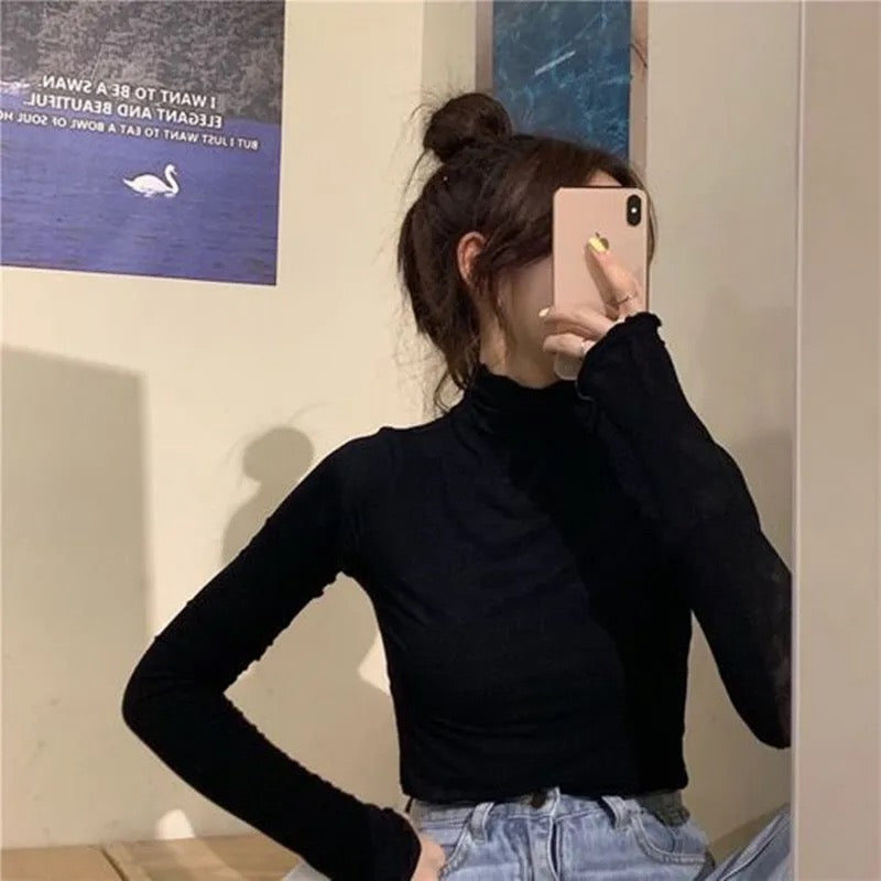 Velvet Like Turtle neck Frill Top XD21
