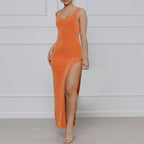 Velvet Open Back Bodycon Maxi Slit Dress XD21