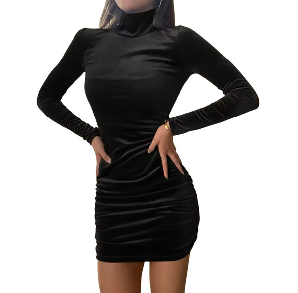 Soft Velvet Turtle Neck Mini Bodycon Dress