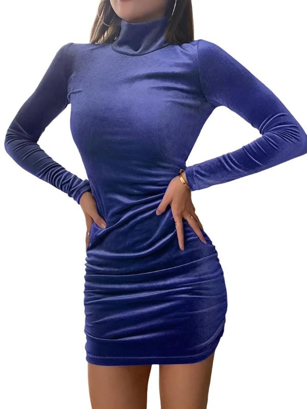 Soft Velvet Turtle Neck Mini Bodycon Dress