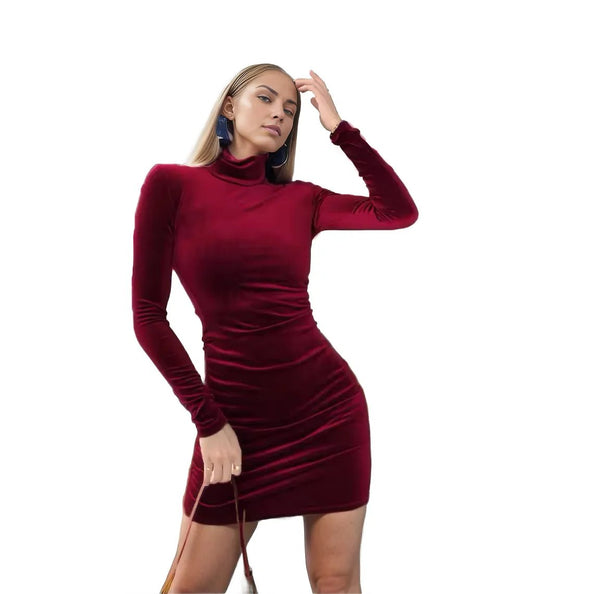 Soft Velvet Turtle Neck Mini Bodycon Dress