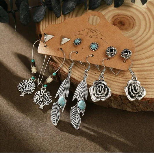 Vintage Boho Dangle Earrings & Studs 6pc Set XD21