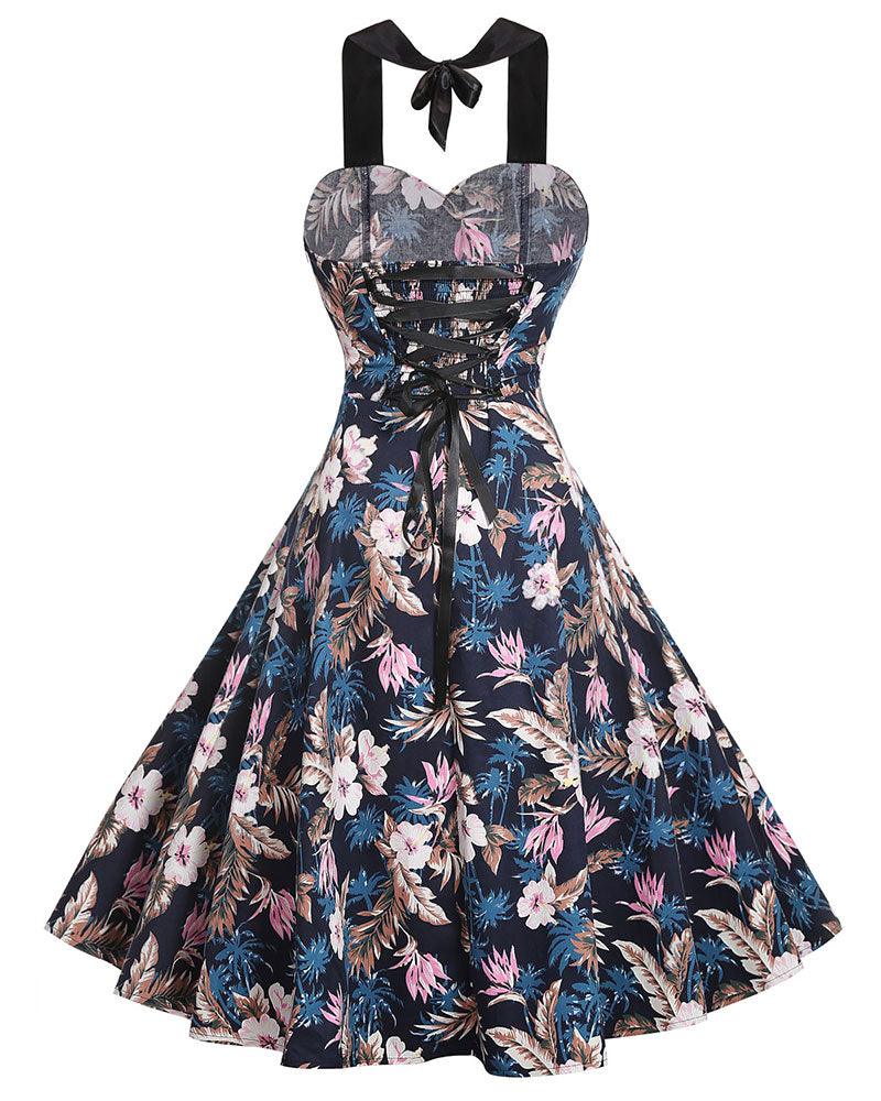 Vintage Floral Bodycon Halter Dress - XD21