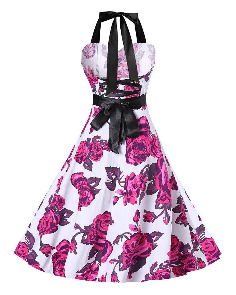 Vintage Floral Bodycon Halter Dress - XD21