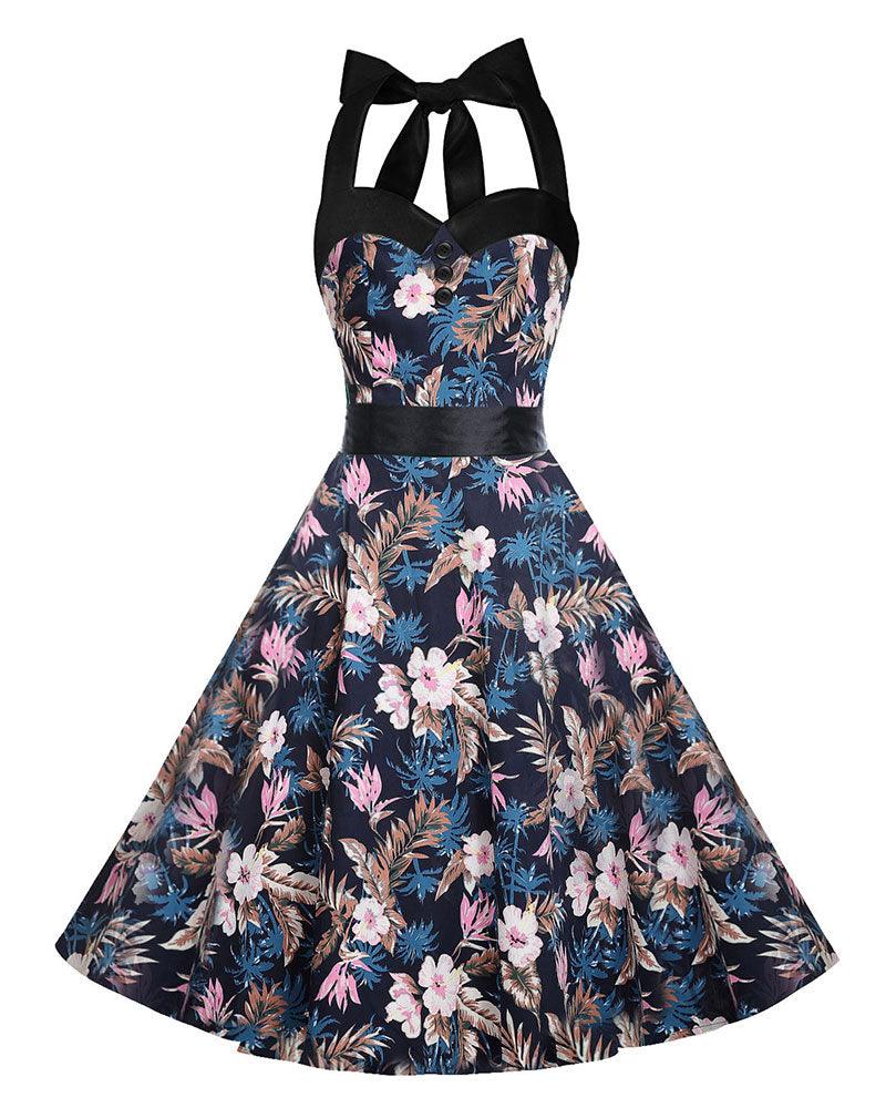 Vintage Floral Bodycon Halter Dress - XD21