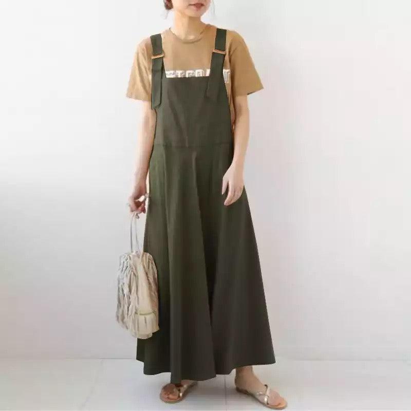 Vintage Overalls Dress Summer Sundress Army Green / S