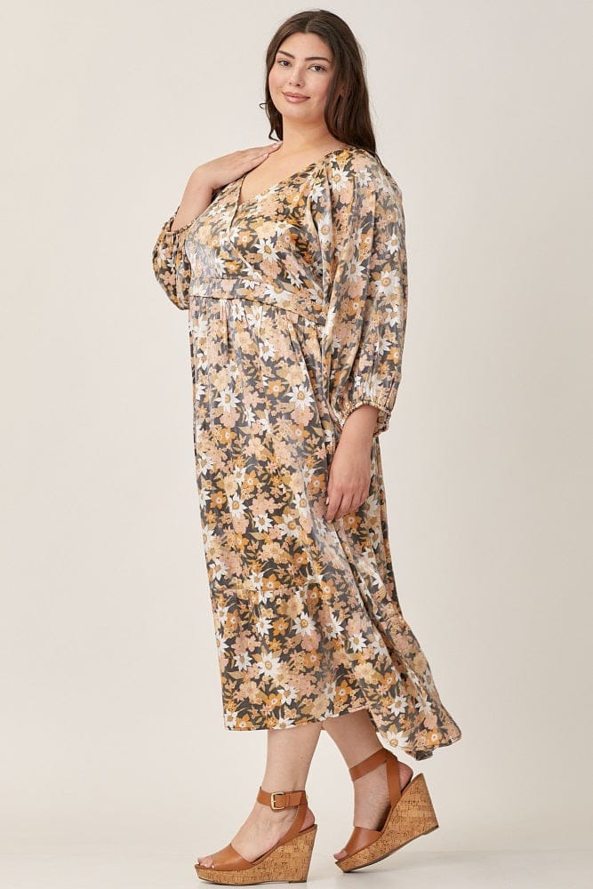 Vintage V Neck Ruched Floral Maxi Dress XD21