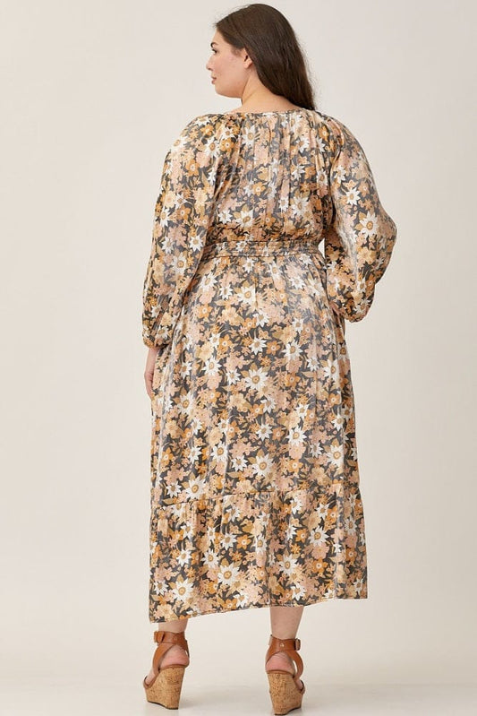 Vintage V Neck Ruched Floral Maxi Dress XD21