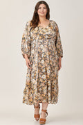 Vintage V Neck Ruched Floral Maxi Dress XD21