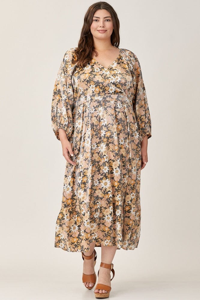 Vintage V Neck Ruched Floral Maxi Dress XD21