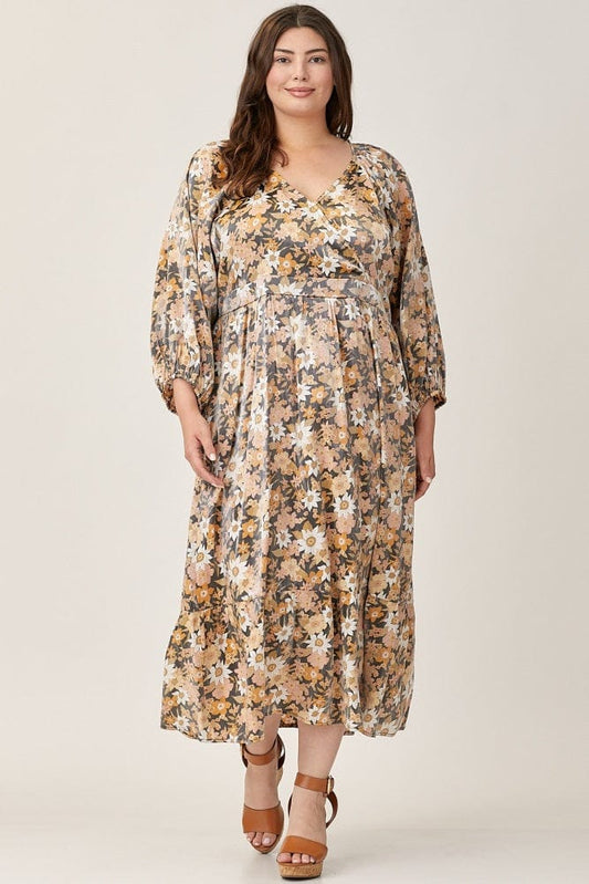 Vintage V Neck Ruched Floral Maxi Dress XD21