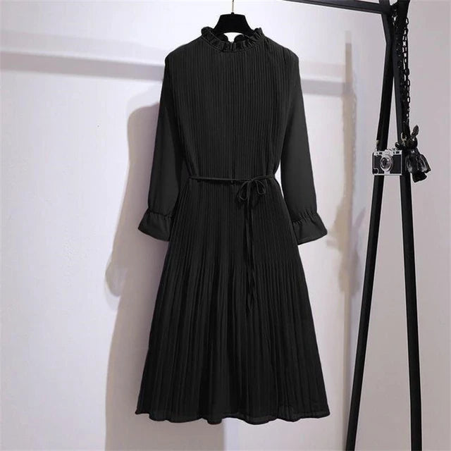 Vintage frill pleated chiffon midi dress XD21