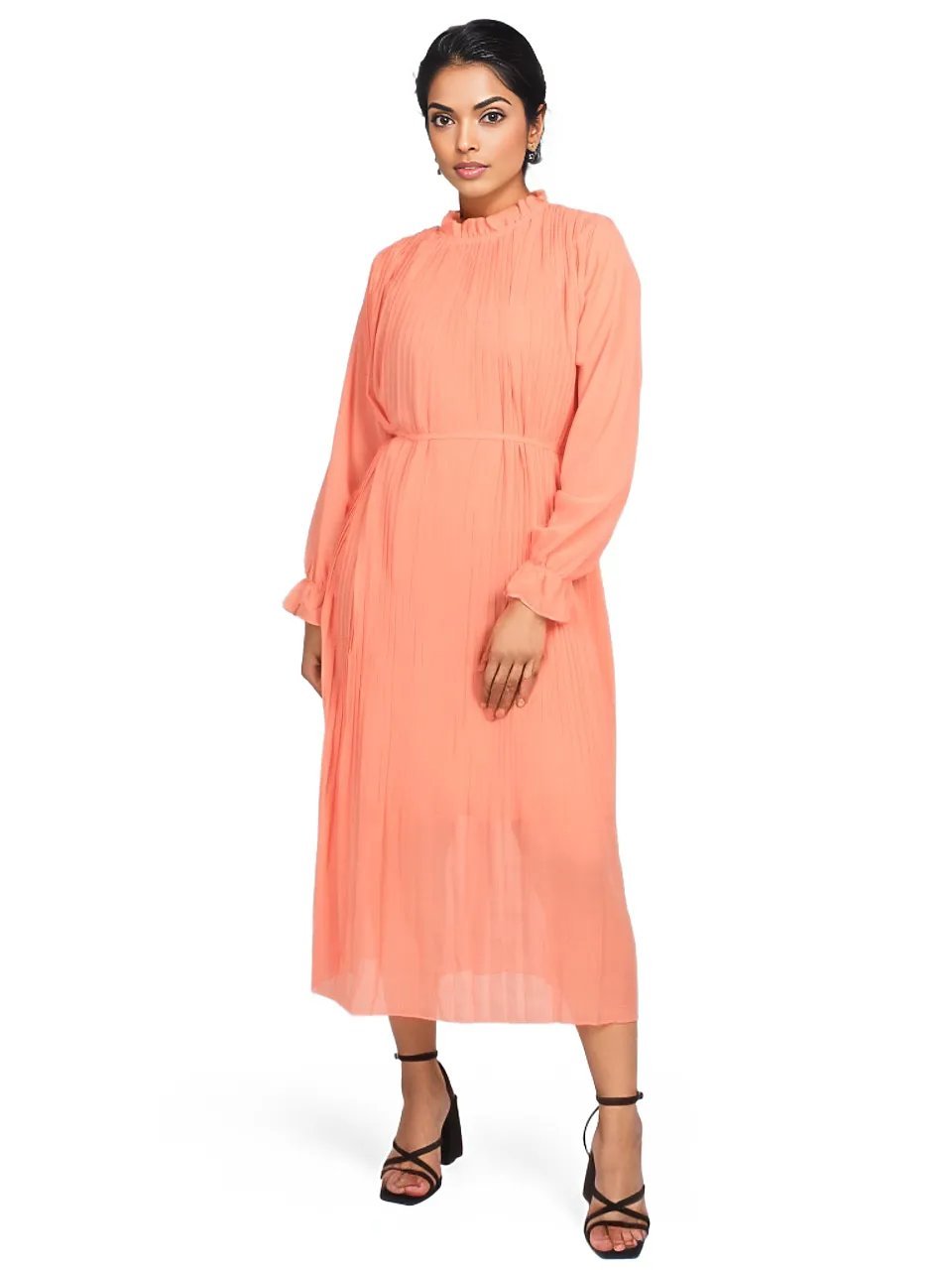 Vintage frill pleated chiffon midi dress XD21