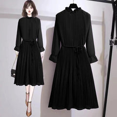 Vintage frill pleated chiffon midi dress XD21