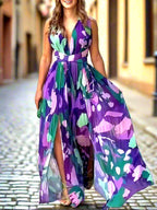Flowy & Feminine Abstract Print Maxi Dress with a Pleated Skirt