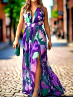 Flowy & Feminine Abstract Print Maxi Dress with a Pleated Skirt