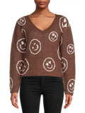 Brown Smiley Face V Neck Knitted Sweater