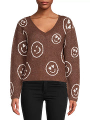 Brown Smiley Face V Neck Knitted Sweater