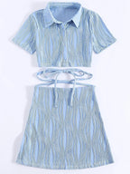 Solid Elegant Shirred Two-Piece Set – Chic Button Lapel Top & High Waist Skirt