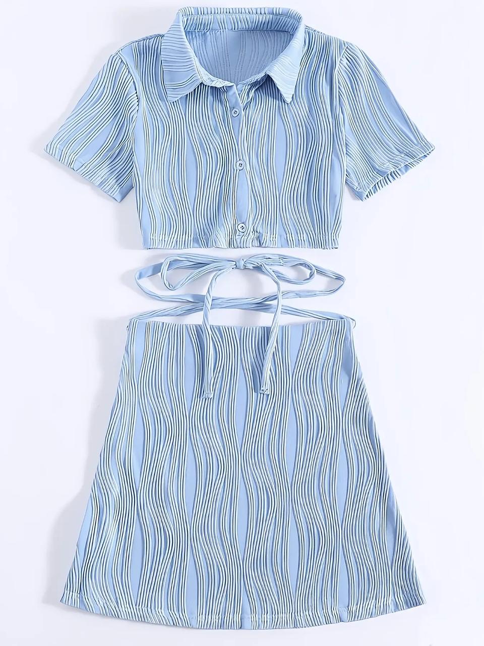 Solid Elegant Shirred Two-Piece Set – Chic Button Lapel Top & High Waist Skirt