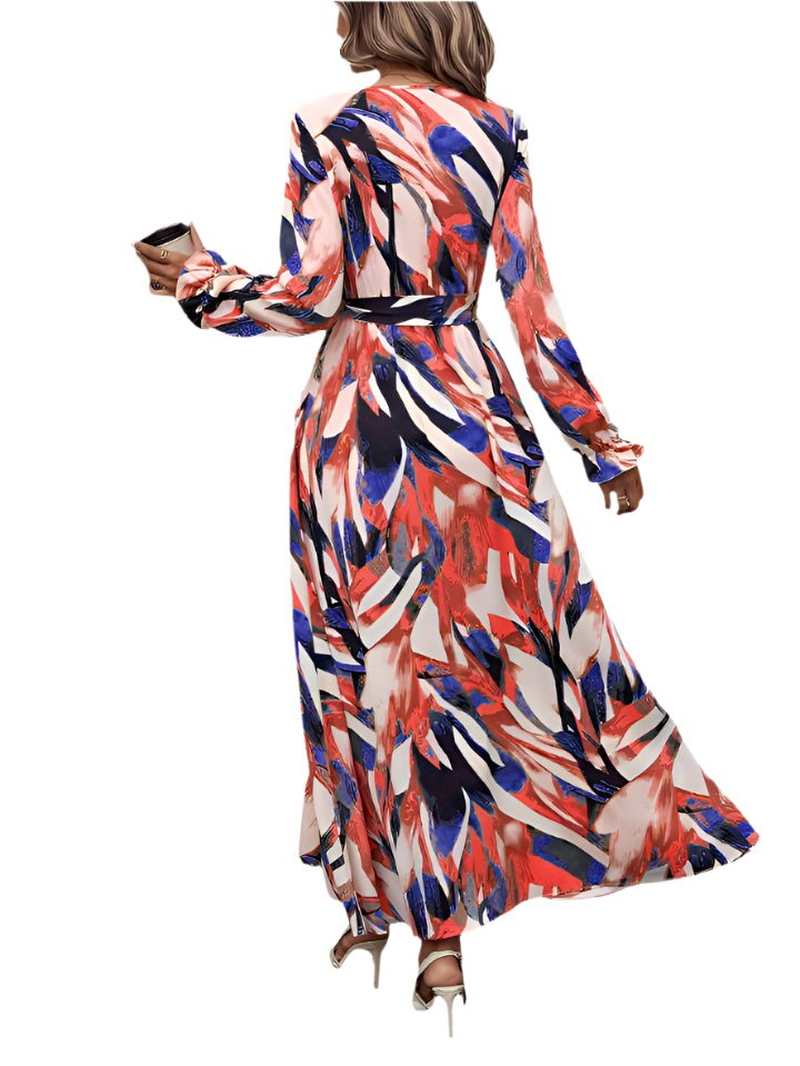 Chic Abstract Print Maxi Dress with Waist Tie – Vibrant & Elegant Flowy Style